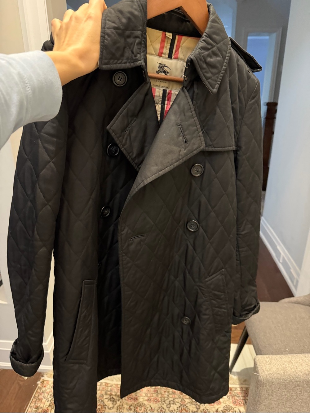 Burberry Quilted Black Trench Coat with Signature Tartan Lining